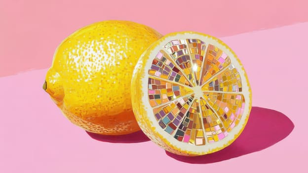 Two lemons with mosaic interior on pink background, artistic fruit concept.