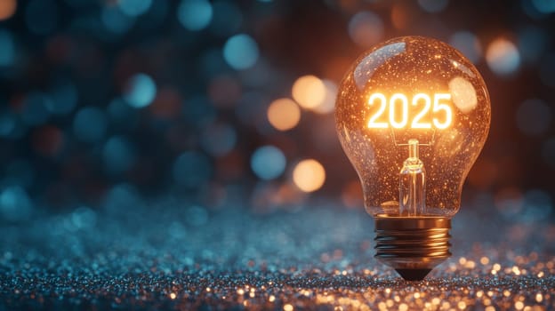 Light bulb with '2025' on a glittery background, symbolizing future and innovation concept.