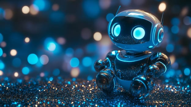 Cute metallic robot with glowing eyes on a sparkling surface with bokeh background.