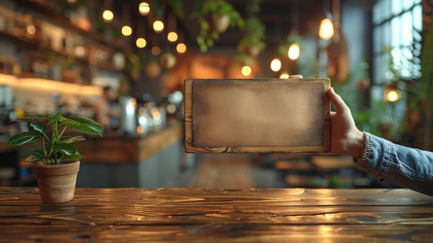 Hand holding empty wooden sign in cozy coffee shop, blurred background. Rustic cafe atmosphere and advertising concept.