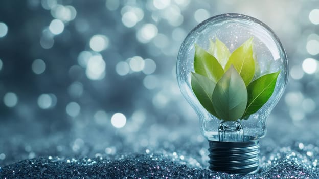Light bulb with green leaves inside on silver glittery background, eco-friendly concept.