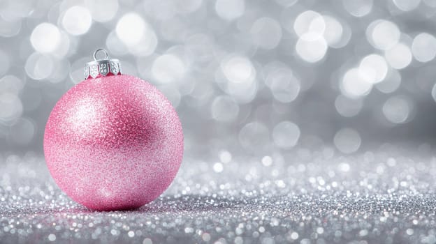 Pink glitter christmas ball ornament on shiny silver bokeh background, festive decoration. Holiday celebration and winter season concept.