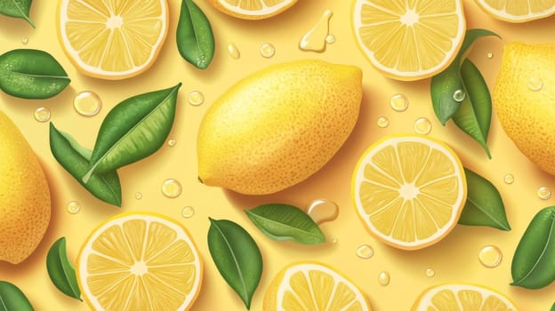 Fresh lemons and leaves on yellow background, top view.