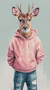 Deer in a pink hoodie and ripped jeans, anthropomorphism concept.