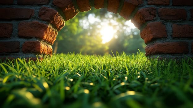 Brick archway with sunlight shining on green grass, serene garden view. Tranquil nature concept.