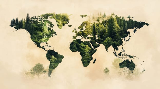 World map made of forest trees blending into a vintage background, nature conservation concept.