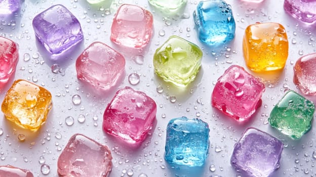 Colorful ice cubes with water droplets spread on a white surface. Refreshing summer concept.