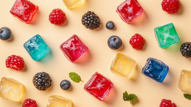 Colorful ice cubes with various berries and mint leaves on a light background. Refreshing summer concept.