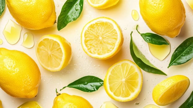 Fresh lemons with green leaves on a wet surface, top view. Food and citrus concept.