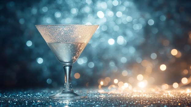 Elegant martini glass with glittering background, close-up. Festive celebration concept.