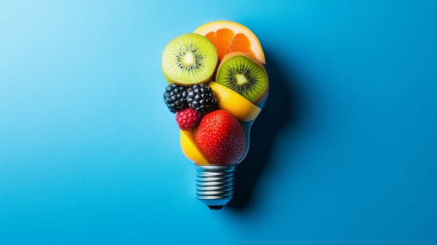 Light bulb filled with assorted fresh fruits on blue background, creative healthy eating concept.
