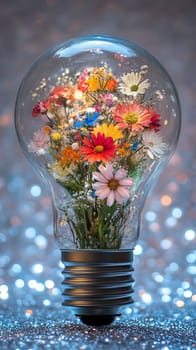 Light bulb filled with colorful flowers, close-up view, bright and sparkly background. Creativity and nature concept.