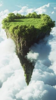 Floating heart-shaped island with lush greenery above clouds, fantasy landscape concept.