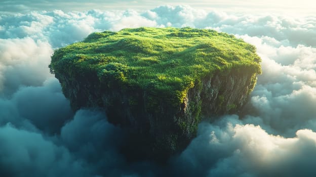 Floating island with lush green grass above the clouds, fantasy landscape concept.