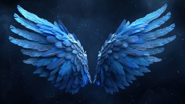 Pair of blue angel wings with feathers spread against dark cosmic background.