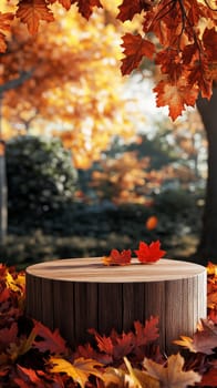 Autumn tree stump with colorful fall leaves in forest. Nature and seasonal concept.