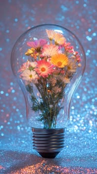 Flowers inside a light bulb with sparkling bokeh background.