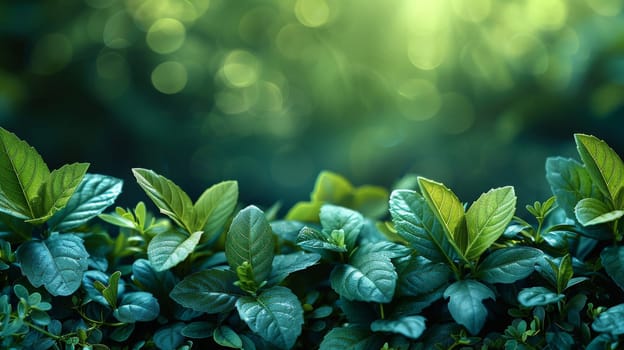 Green plants with blurred bokeh background, sunlight in nature. Tranquil garden scene with vibrant foliage, nature's beauty concept.