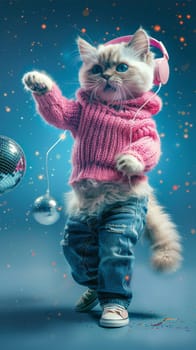 Cat in pink sweater and jeans dancing with headphones, disco concept.