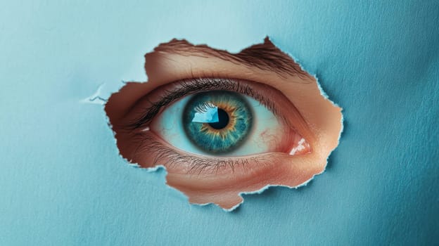 Eye looking through torn blue paper, close-up view. Curiosity and observation concept.