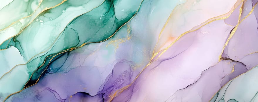 Abstract watercolor painting with gold accents in green and purple tones.