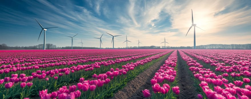 Wind turbines in a vast tulip field during daytime, renewable energy and agriculture concept.