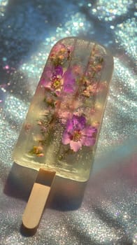 Popsicle with embedded flowers on glittery background, artistic concept.