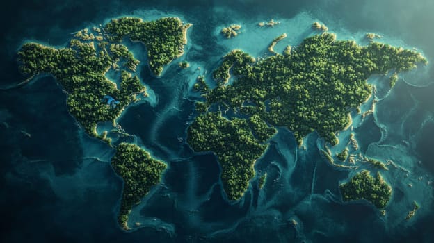 World map formed by lush green forests over blue water, aerial view. Environmental conservation and nature concept.
