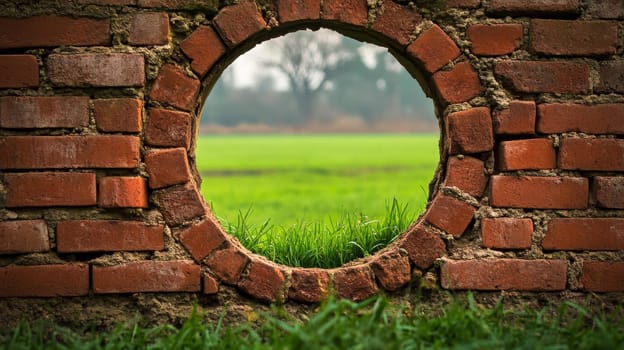 Circular brick window revealing a lush green field, nature concept.