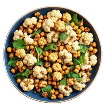 Roasted cauliflower and chickpea salad components above finished dish roasted cauliflower florets crispy chickpeas. Food isolated on transparent background.