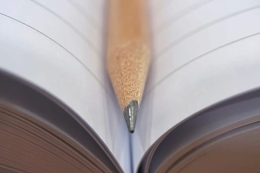Pencil on Notebook.A close-up of a wooden pencil resting on a lined notebook with open pages.