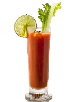 Bloody Mary Tall glass with vodka tomato juice spices celery stalk and lime wedge savory. Drink isolated on transparent background.
