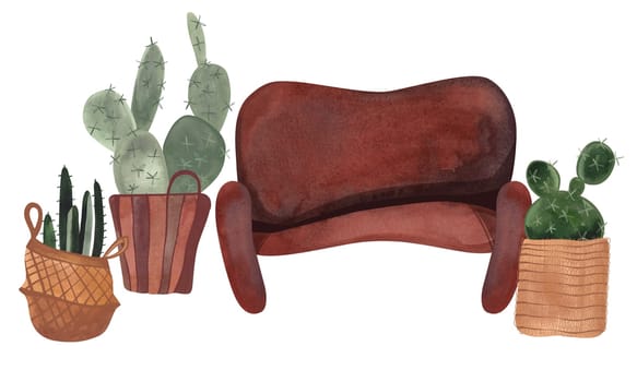 Interior scene: vintage shabby brown sofa and green prickly cacti in baskets and pots. Cozy home in boho style. Plant growing as a hobby. Isolated watercolor illustration on white background. Clipart