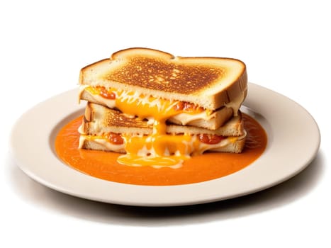 Grilled Cheese gooey grilled cheese sandwich served with side of tomato soup against warm beige. Food isolated on transparent background.