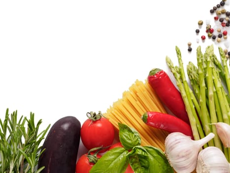 Italian kitchen and italian food concept. Ingredients for pasta isolated one edge. Copy space. Top view