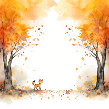 A picturesque autumn setting shows a tree with brilliant orange and red leaves, as colorful foliage swirls gently around its base, capturing the beauty of the fall season.