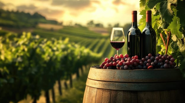 Red wine glistens in a glass next to two bottles on a wooden barrel, with ripe grapes scattered around, set against a backdrop of sunlit vineyards.