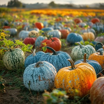 The warm glow of the setting sun illuminates a pumpkin patch, where plump orange pumpkins are nestled among thick green vines, creating a picturesque autumn landscape.