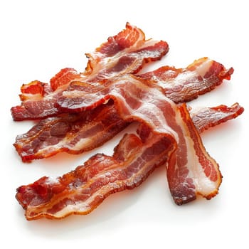 Several slices of cured bacon in a pile on a white background. The bacon slices are thin, translucent and pink with streaks of white marbling