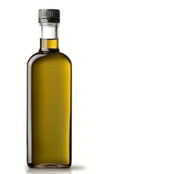 Close-up of a sleek bottle of olive oil with a black cap, isolated on a white background