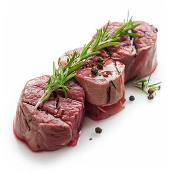 Fresh raw steaks garnished with rosemary and pepper on a white background
