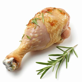 Roasted chicken leg garnished with fresh rosemary sprigs, isolated on a white background