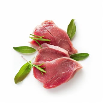 Two bone-in pork chops with rosemary and sage leaves on a white background. The pork chops are a light pink color with streaks of marbling and have a visible bone
