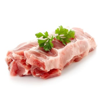 A close-up photo of a single, whole pork steak with a bone attached. The steak is a light pink color with streaks of marbling and has a layer of fat around the edge. It sits on a white background