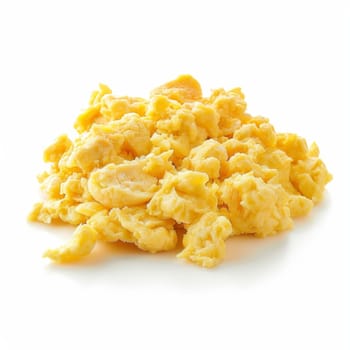 Close-up of scrambled eggs on a white background, well-cooked and fluffy
