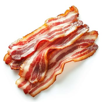 Crispy fried bacon strips isolated on a white background, top view