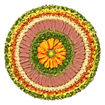 Beef Stew Mandala hearty beef and vegetable stew arranged in a hypnotic circular pattern herbs. Food isolated on transparent background.