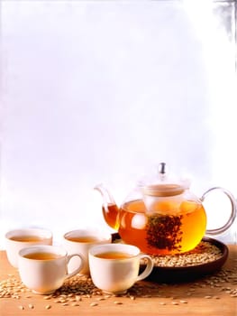 Korean Barley Tea ceramic teapot and small cups with the roasted barley tea known f. Drink isolated on transparent background.