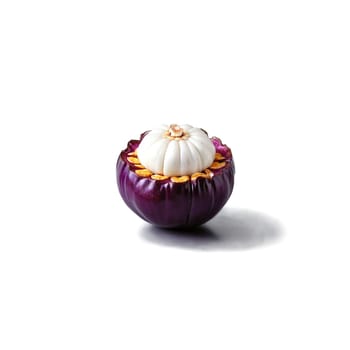 Mangosteen with purple shell and white segmented flesh exposed Food and culinary concept -2. Food isolated on transparent background.