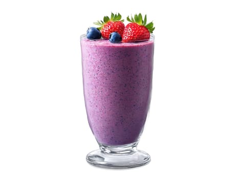 Strawberry Blueberry Smoothie A refreshing strawberry blueberry smoothie in a modern glass adorned with strawberry. Drink isolated on transparent background.
